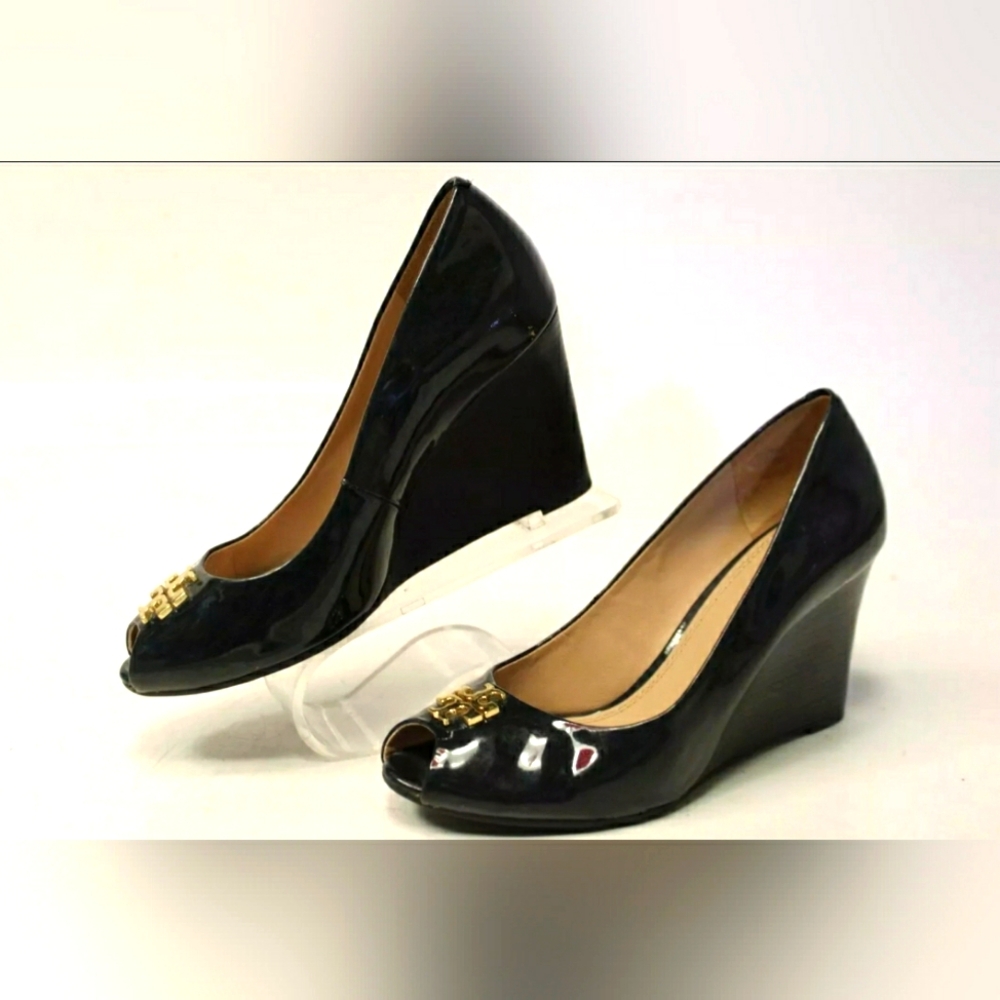 Tory Burch Jade 85mm Black Patent Leather Peep Toe Heels Shoes Women 8.5